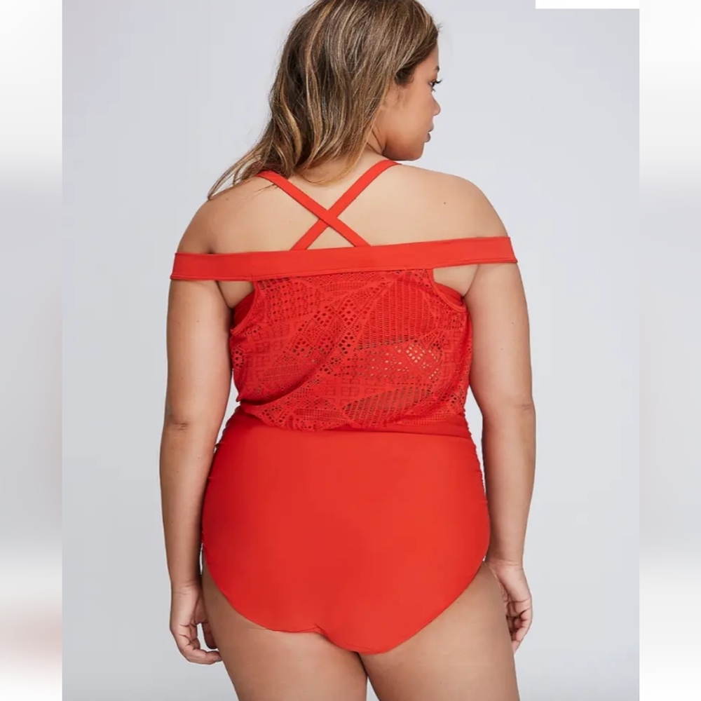 Cacique Swim Bandeau Off Shoulder Crochet Blouson One Piece Swimsuit NEW - Picture 2 of 7